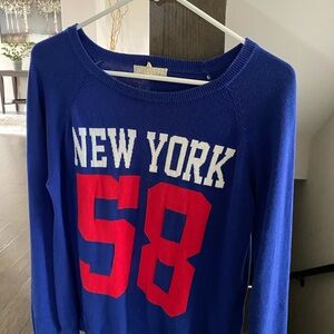 Forever 21 Royal Blue Crewneck Sweater with Red '58' and White 'New York'